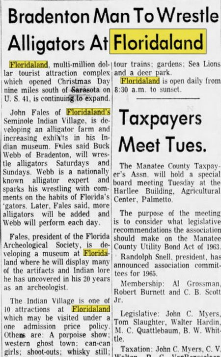 Floridaland - Mar 1965 Gator Wrestling Attraction